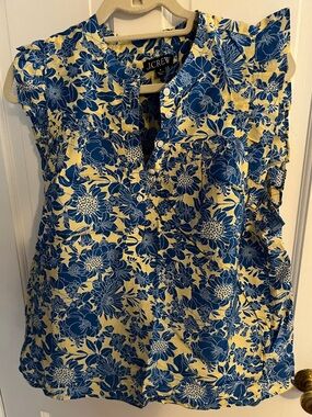 J. Crew Yellow and Blue Floral Ruffle Sleeve Blouse size M